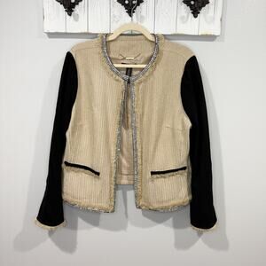 Chico’s Black Label Embellished Tweed Jacket Size 2 Neutral Beaded Trim EUC